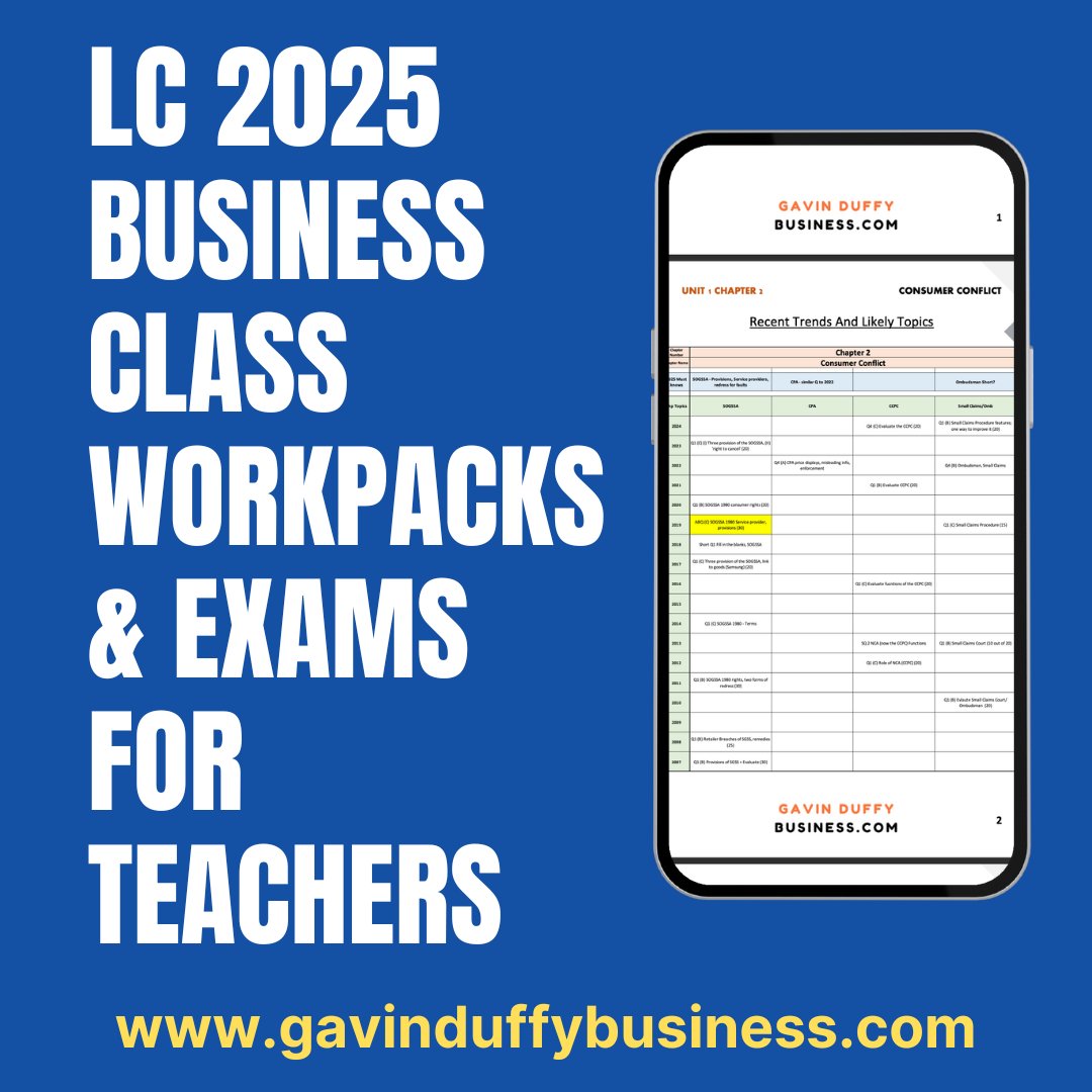 I'm posting weekly printable workpacks created specifically for this year's LC Business exam to a teacher's page on my site - Each chapter also has a class exam with MS, to try help out your class revision, and then test the key topics for this years exam #lcbusiness
