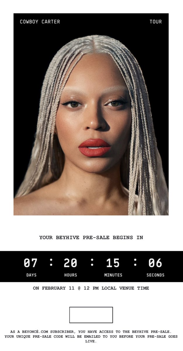 beyonceaccess's tweet photo. 🚨 CONTAGEM REGRESSIVA — e-mail que os inscritos no site da Beyoncé estão recebendo com o acesso antecipado a pré venda dos ingressos da COWBOY CARTER TOUR. https://t.co/FoDCCyOqHa