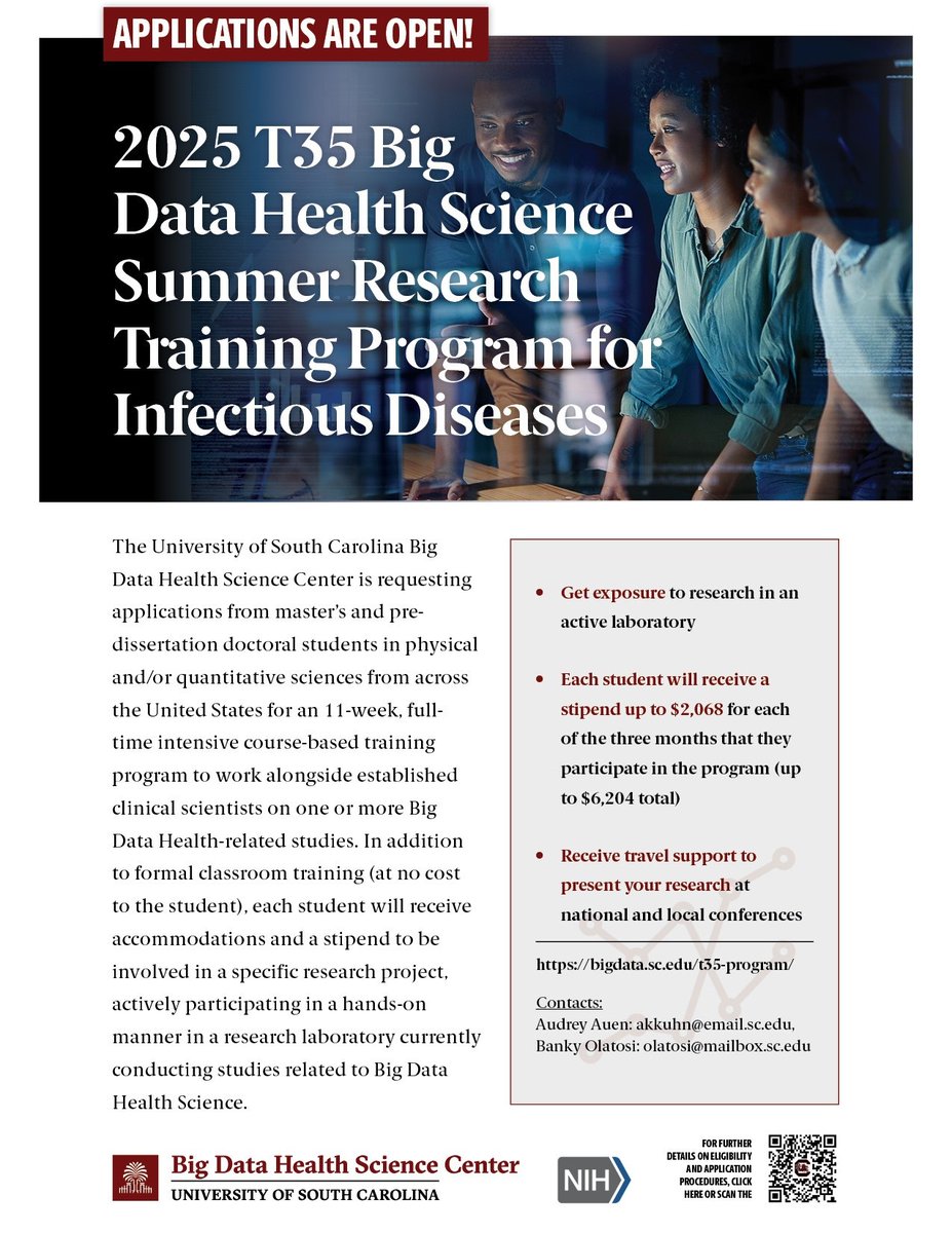 📣 It's not too late to apply!  Deadline: Feb 18. For details, please visit bigdata.sc.edu/t35-program/ #BigData #healthsciences #careerdevelopment #training  @NIAIDTraining
<a href="/USCArnoldSchool/">USC Arnold School of Public Health</a>