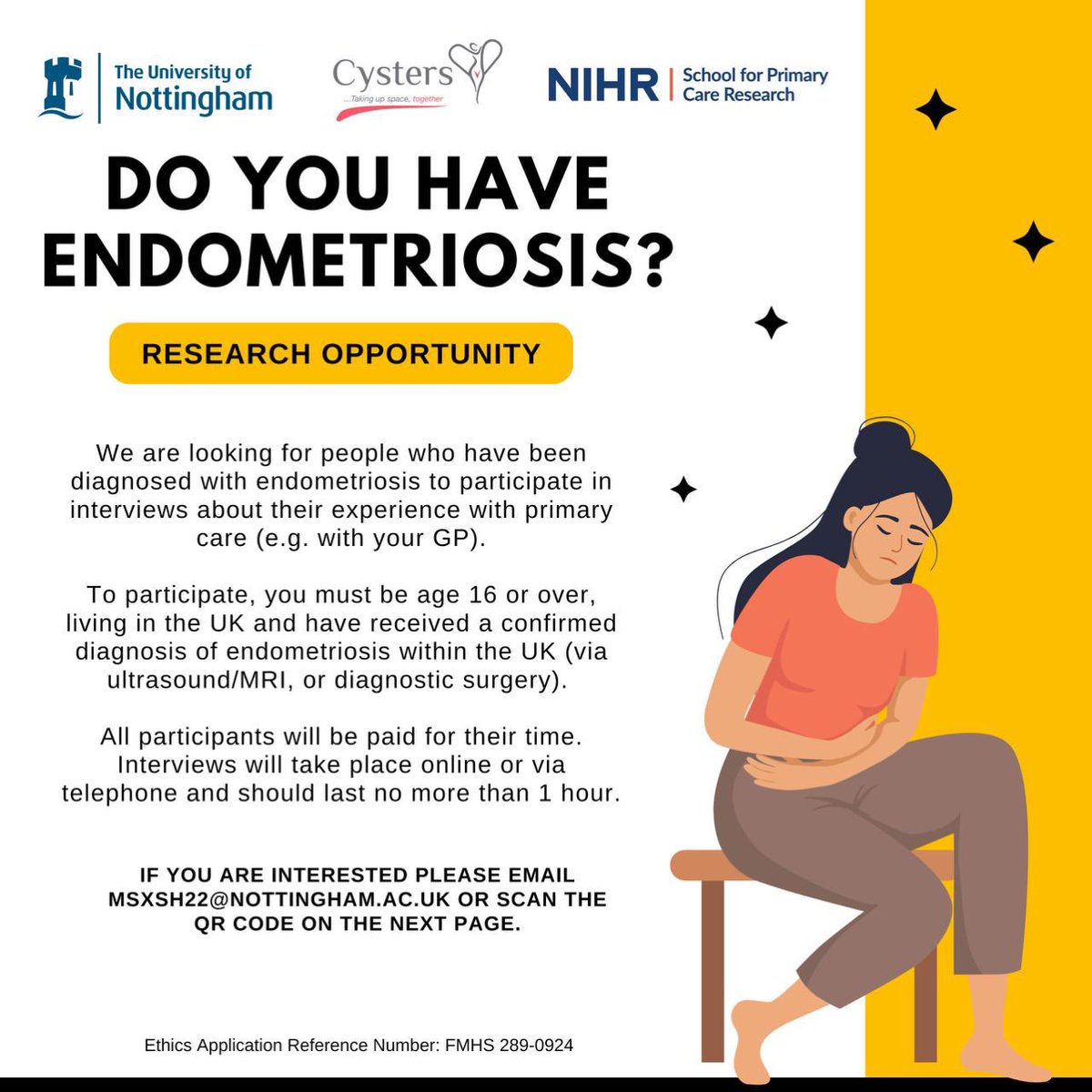 sarahhasendo's tweet image. So excited to be starting the next stage of my PhD which will involve interviewing those with a lived experience of #endometriosis about their interactions with primary health care physicians. 

If you are interested please drop a message to email on poster or scan the QR code 🎗️