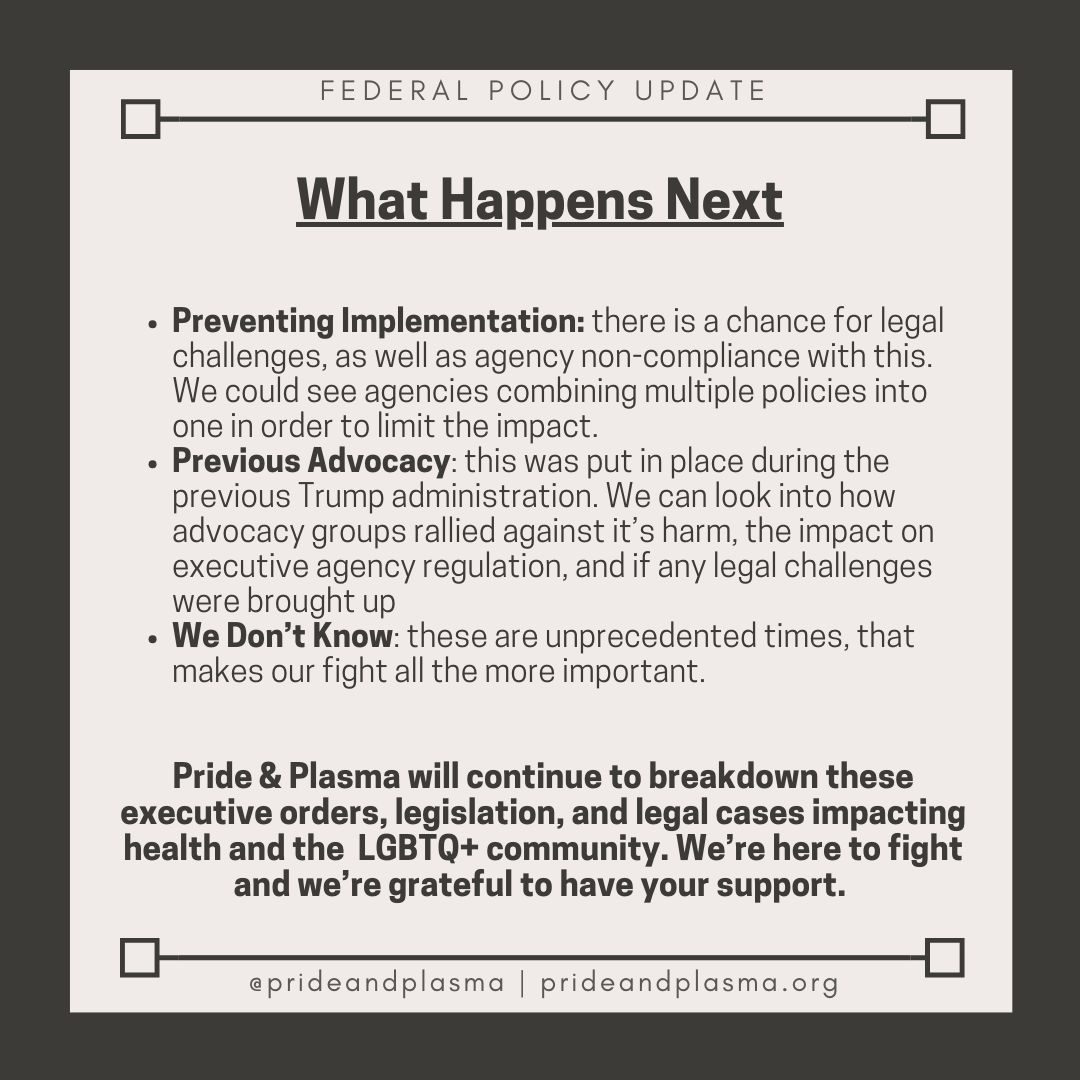 The trump administration is attempting to implement a "1 step forward, 10 steps back" policy for all federal regulation. Here's what the latest executive order means.
#prideandplasma #publicpolicy #lgbtq #LGBTQhealth #reproductiverights #tgd #prep #pharmacy