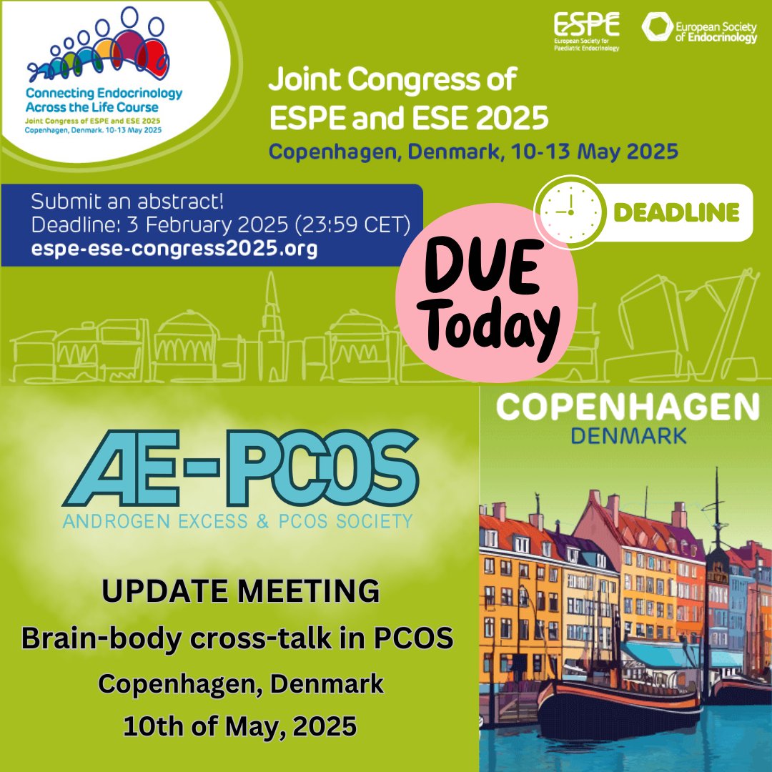 Androgen Excess Polycystic Ovary Syndrome Society (@aepcossociety) on Twitter photo AE-PCOS Update Meetingย at #ECE2025 <a href="/ESEndocrinology/">European Society of Endocrinology (ESE)</a> & <a href="/EuroSPE/">ESPE</a>
โ๏ธ Registration: espe-ese-congress2025.org/pre-congress-cโฆ
๐๏ธ 10thย of May, 2025
๐ Copenhagen, Denmark
Theme: Brain-body cross-talk in #PCOS
โ๏ธ Abstract submission DEADLINE ๐จ TODAY, February 3, 23:59 CET
espe-ese-congress2025.org/abstract-submiโฆ AE-PCOS Update Meetingย at #ECE2025 <a href="/ESEndocrinology/">European Society of Endocrinology (ESE)</a> & <a href="/EuroSPE/">ESPE</a>
โ๏ธ Registration: espe-ese-congress2025.org/pre-congress-cโฆ
๐๏ธ 10thย of May, 2025
๐ Copenhagen, Denmark
Theme: Brain-body cross-talk in #PCOS
โ๏ธ Abstract submission DEADLINE ๐จ TODAY, February 3, 23:59 CET
espe-ese-congress2025.org/abstract-submiโฆ