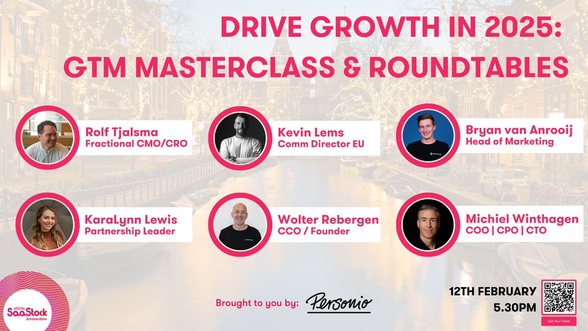 Next Wednesday we'll be back in the beautiful city of Amsterdam for all things GTM strategies at #SaaStockLocal Local 🌷🇳🇱

Practical insights, thoughtful conversations, and real connections - all had during next week's roundtables from leaders like:
🎙️ <a href="/RolfTjalsma/">Rolf Tjalsma</a>