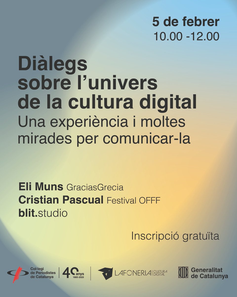 🗓️ Demà de 10 h a 12 h, aprendrem sobre el potencial comunicatiu de la cultura digital i com transmetre l'art, la tecnologia i les narratives digitals amb <a href="/cultura_cat/">Cultura</a> 

📌 Inscripció gratuïta!
🔗periodistes.cat/actualitat/not…