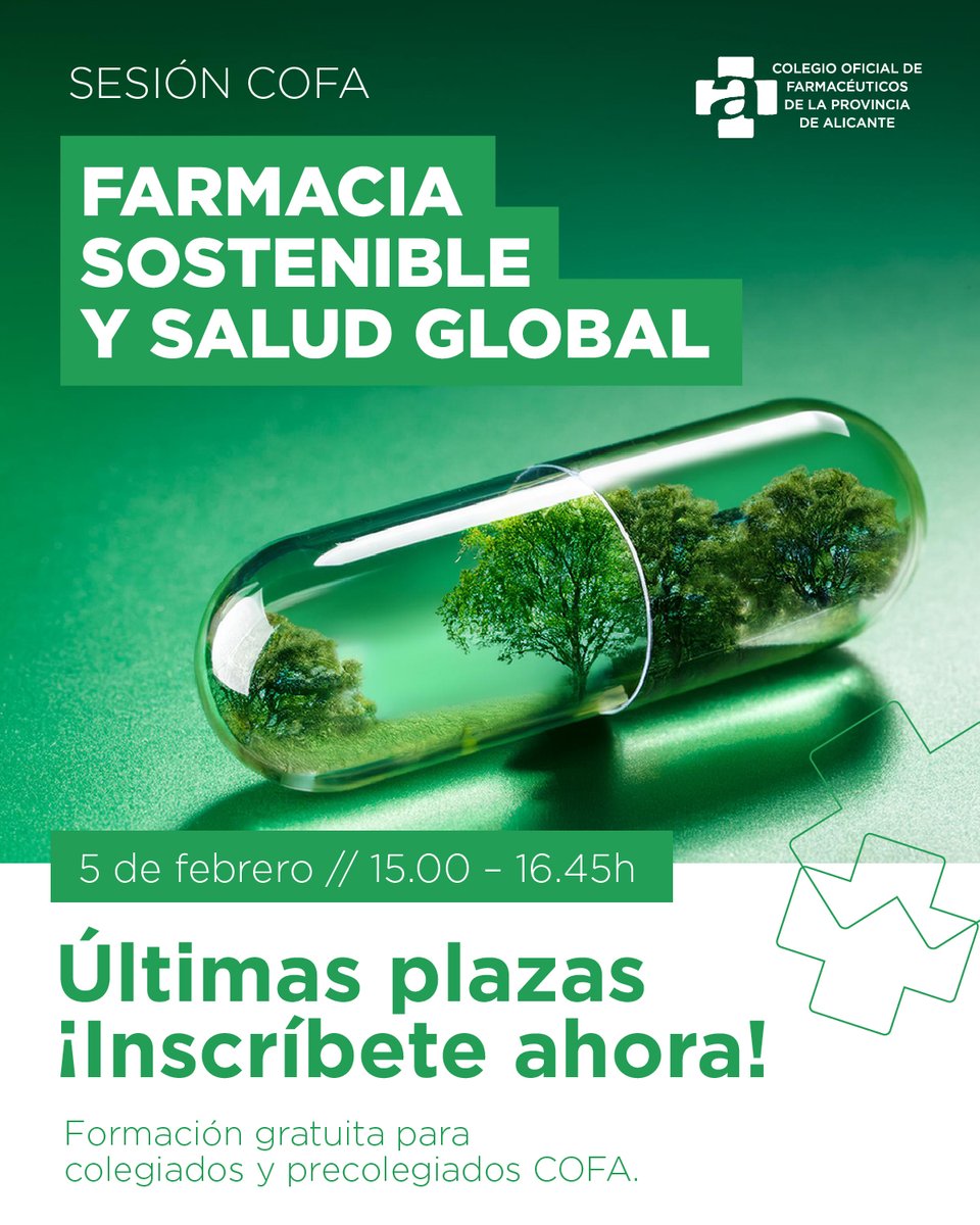🚨 ¡Últimas plazas disponibles! 🌍💊

¿Aún no te has inscrito en la sesión Farmacia Sostenible y Salud Global? Esta es tu oportunidad de descubrir cómo desde la oficina de farmacia puede fomentar el cuidado y la salud del planeta.

Puedes inscribirte aquí: lc.cx/khNyLi