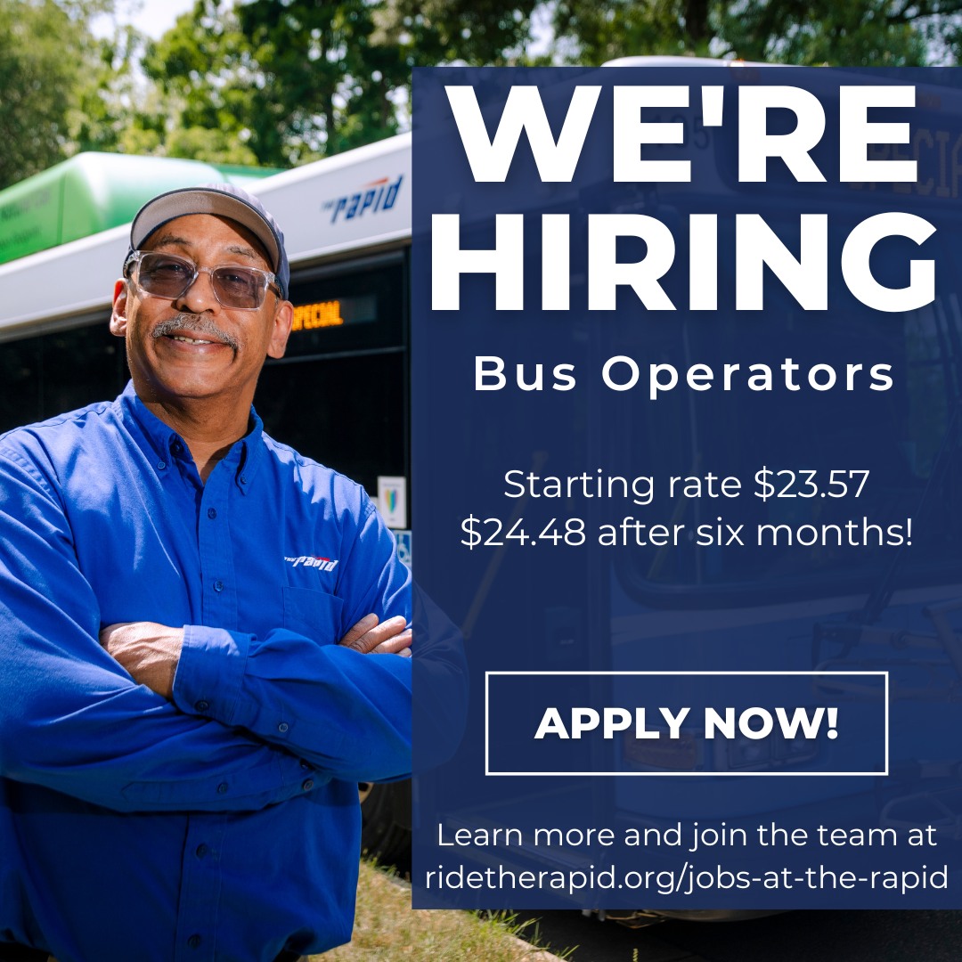 TheRapid's tweet photo. We’re hiring bus operators and saved the best seat for you! 
Visit our career page to learn more and apply: https://t.co/wcNFLEATi4 https://t.co/4LbvJQwbyV
