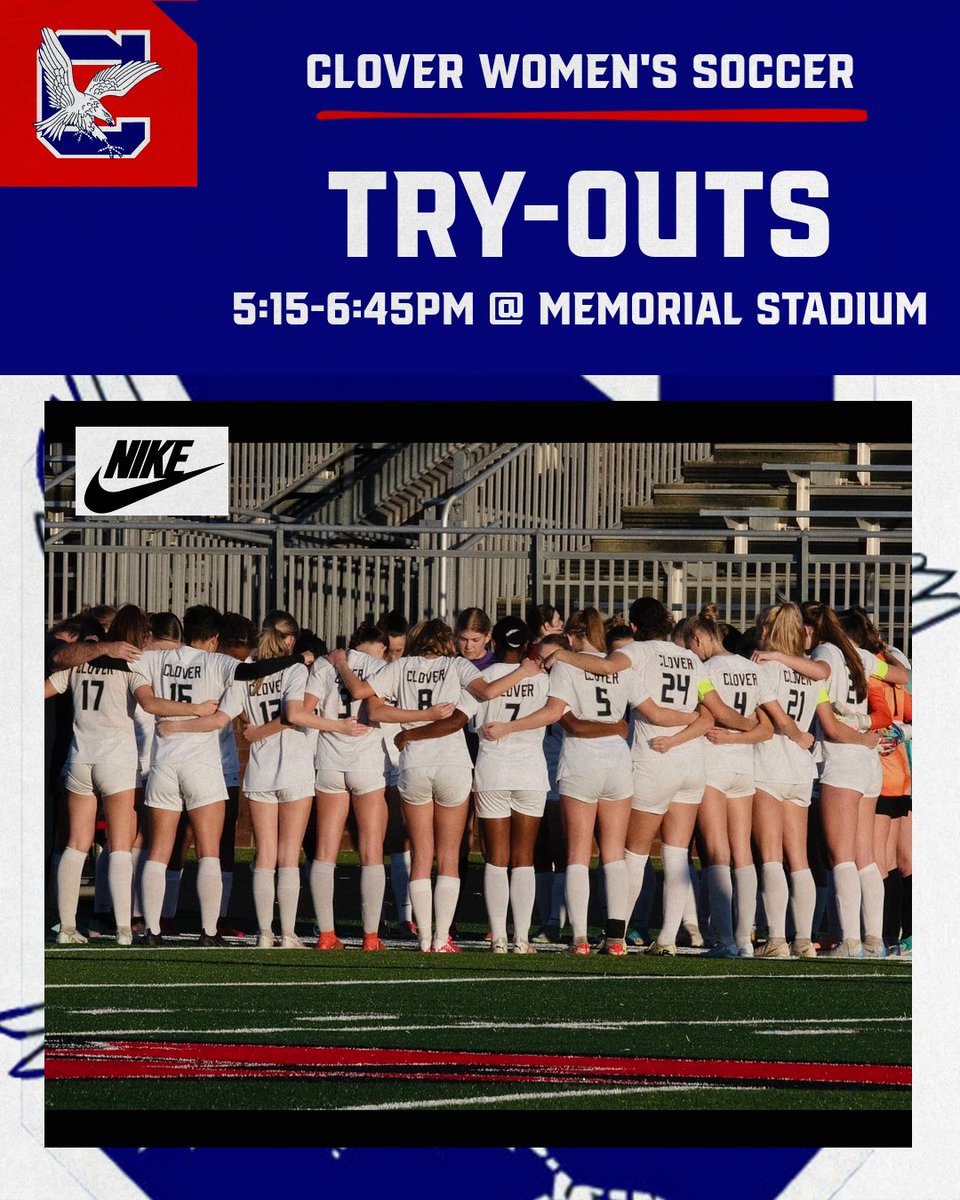 Clover Girls’ Soccer (@cloversoccerg) on Twitter photo CHS Women's Soccer Tryouts ⚽️
📅 February 3rd-7th
⏰ 5:15-6:45PM
📍Memorial Stadium
All players must have an updated physical and all forms signed in PlanetHS to participate. #ladyeagles <a href="/9GC_BlueEagles/">9GC_BlueEagles</a> <a href="/CHS_BlueEagles/">Clover High School</a> CHS Women's Soccer Tryouts ⚽️
📅 February 3rd-7th
⏰ 5:15-6:45PM
📍Memorial Stadium
All players must have an updated physical and all forms signed in PlanetHS to participate. #ladyeagles <a href="/9GC_BlueEagles/">9GC_BlueEagles</a> <a href="/CHS_BlueEagles/">Clover High School</a>