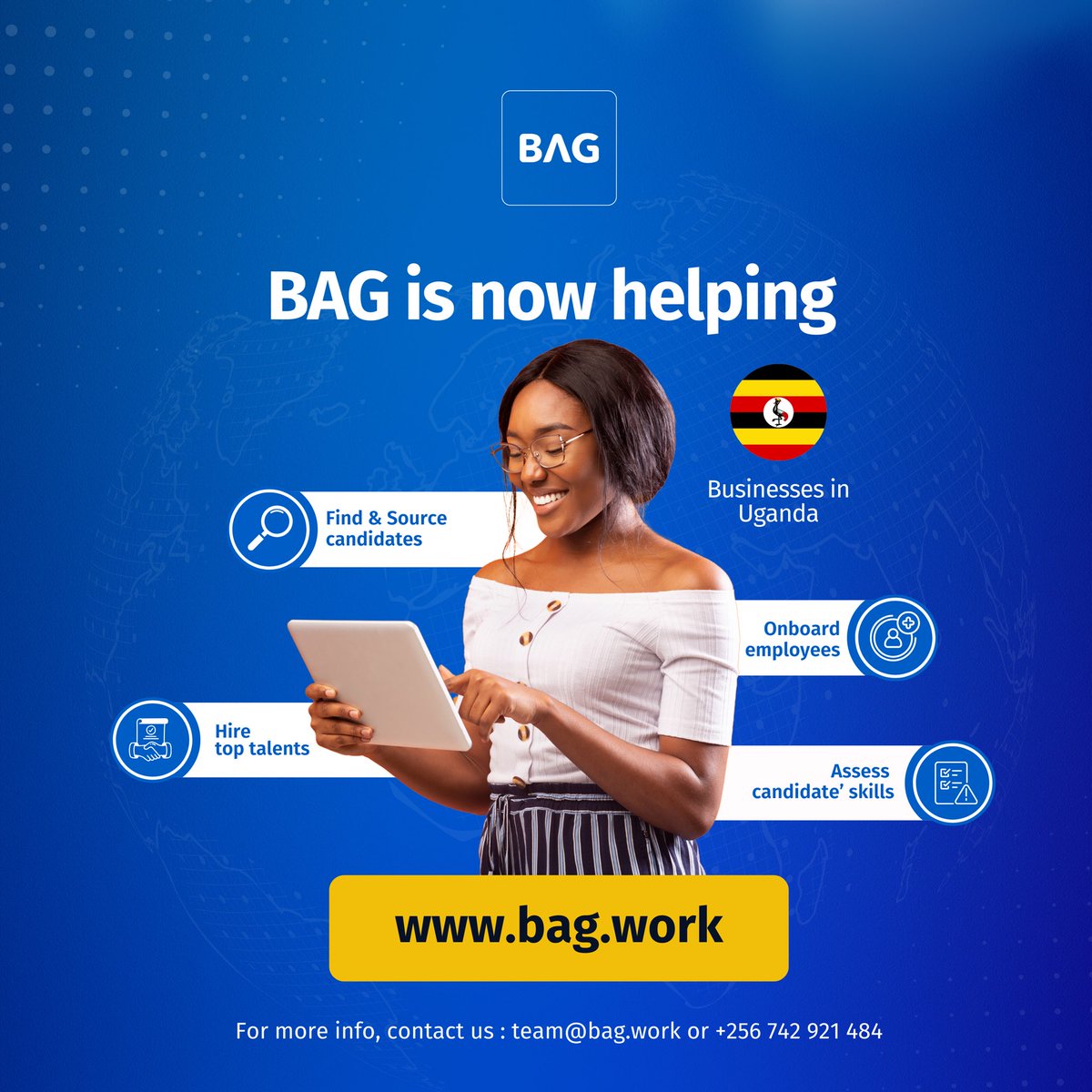 We’re expanding BAG to Uganda! 🇺🇬

With 77% of its population under 30, a booming tech sector, and 40K+ annual graduates, Uganda is ready for the future of hiring!

Let's transform talent acquisition together 🚀

Get started today: bag.work