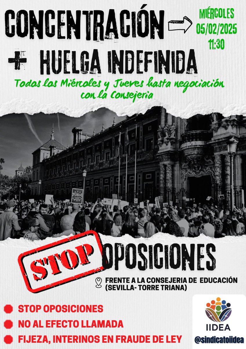 🔥¡ NO A LAS OPOSICIONES 2025!
📣 Huelga 5 y 6 de febrero.
⚫ Concentración en Sevilla.
🕚 5️⃣ febrero. 11:30. Torre Triana.