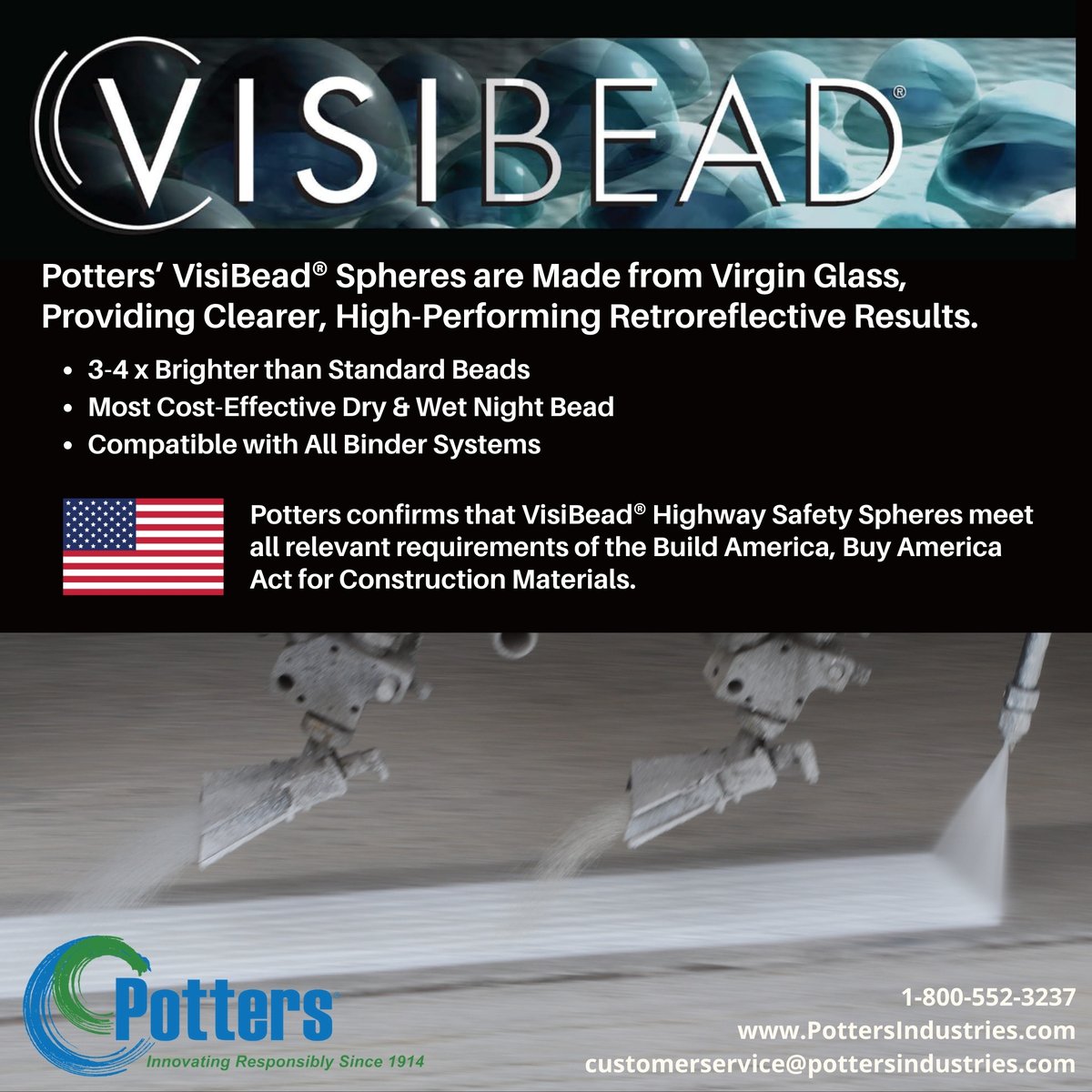 Boost pavement marking safety with our most cost-effective wet-night reflective bead. Made with virgin glass technology, VISIBEAD® provides clearer, brighter visibility performance suited for any highway marking project. 
#RoadSafety #ReflectiveSafetyMarkings #PottersIndustries