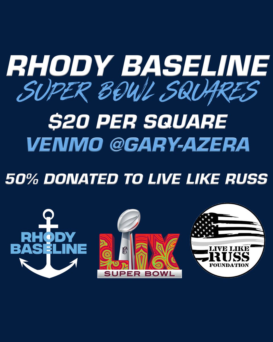 RhodyBaseline's tweet photo. We are super excited that once again we are running Super Bowl squares benefiting our friends at @LiveLikeRuss .

Each square is numbered 1-100 on our sheet and are $20 per square.
Squares are purchased via Venmo with the 🏈 emoji and your name and square number. [Last 4 5471] https://t.co/2S9Uk4YjXm