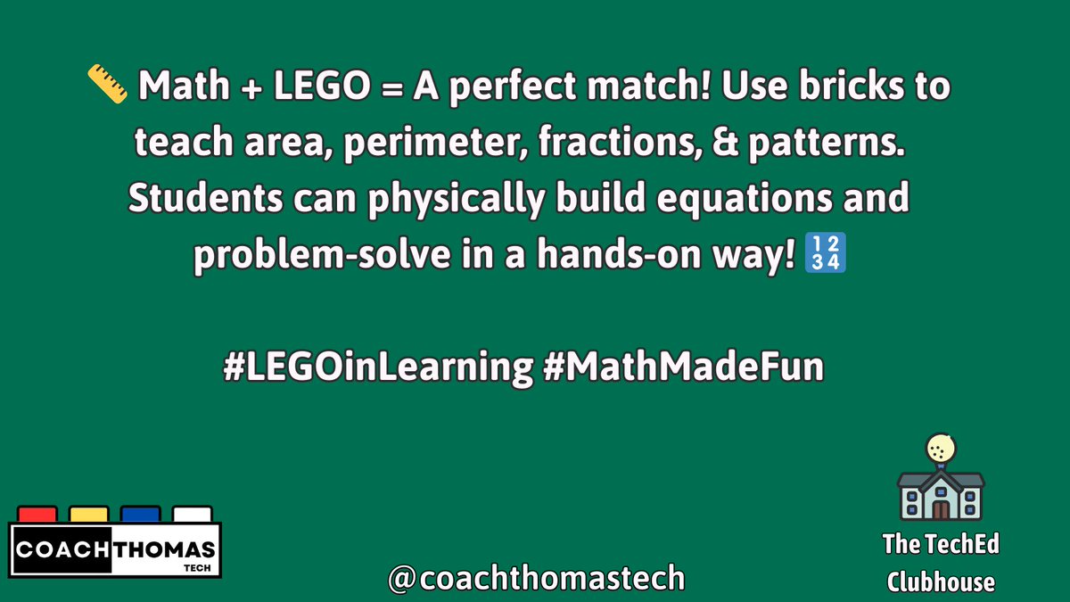 coachthomastech's tweet photo. ๐ Math + LEGO = A perfect match! Use bricks to teach area, perimeter, fractions, & patterns. Students can physically build equations and problem-solve in a hands-on way! ๐ข
#LEGOinLearning #MathMadeFun https://t.co/3rP3r2igIO