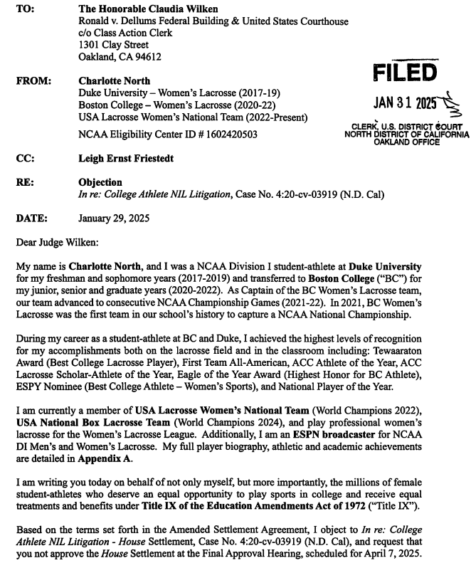 samcehrlich's tweet photo. Another big women's sports name, former Duke and BC women's lacrosse player &amp; current ESPN broadcaster Charlotte North, objects to the settlement not considering (and releasing) Title IX given the historically disparite resources given to women's sports. https://t.co/iZ9FbktcZv https://t.co/ErIigwypRg