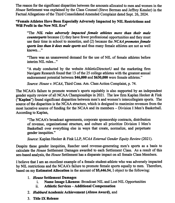 Another big women's sports name, former Duke and BC women's lacrosse player &amp; current ESPN broadcaster Charlotte North, objects to the settlement not considering (and releasing) Title IX given the historically disparite resources given to women's sports. drive.google.com/file/d/1OjittN…
