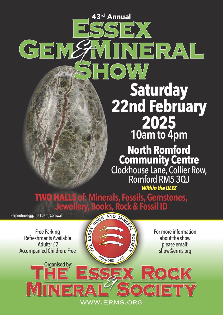 Geologists' Assoc (@geolassoc) on Twitter photo Essex Rock & Mineral Society is one of our Local Groups and is holding its annual Essex Gem & Mineral Show on Saturday 22 February 2025
It's the foremost show in the southeast of England with over 30 vendors & displays, including the GA
For more details email: show@erms.org Essex Rock & Mineral Society is one of our Local Groups and is holding its annual Essex Gem & Mineral Show on Saturday 22 February 2025
It's the foremost show in the southeast of England with over 30 vendors & displays, including the GA
For more details email: show@erms.org