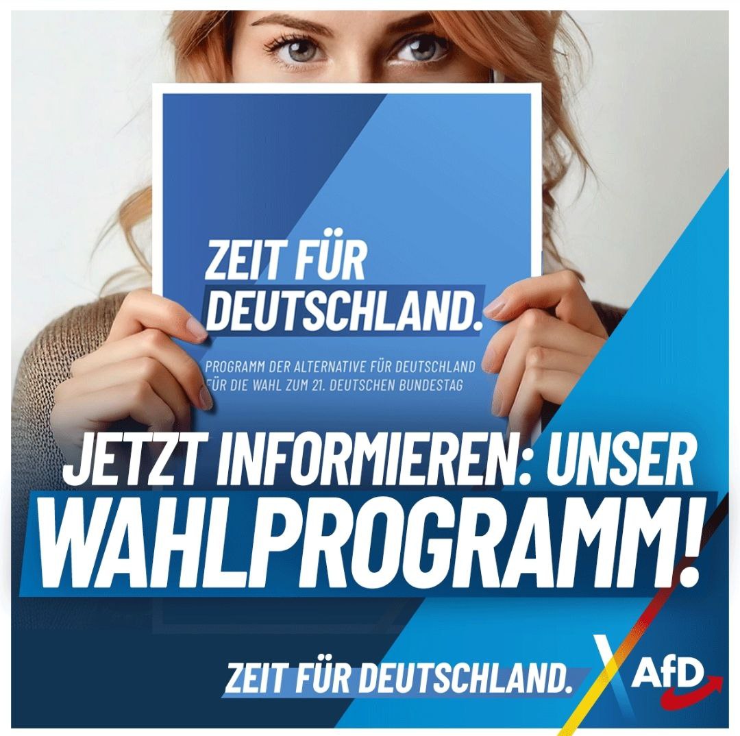 Neues AfD-Bundestagswahlprogramm für einen Deutschland-Kurs zurück zum Erfolg:
tinyurl.com/54umkse3

Hier können Sie direkt auf das AfD-Bundestagswahlprogramm zugreifen:
tinyurl.com/yhmnfr3u