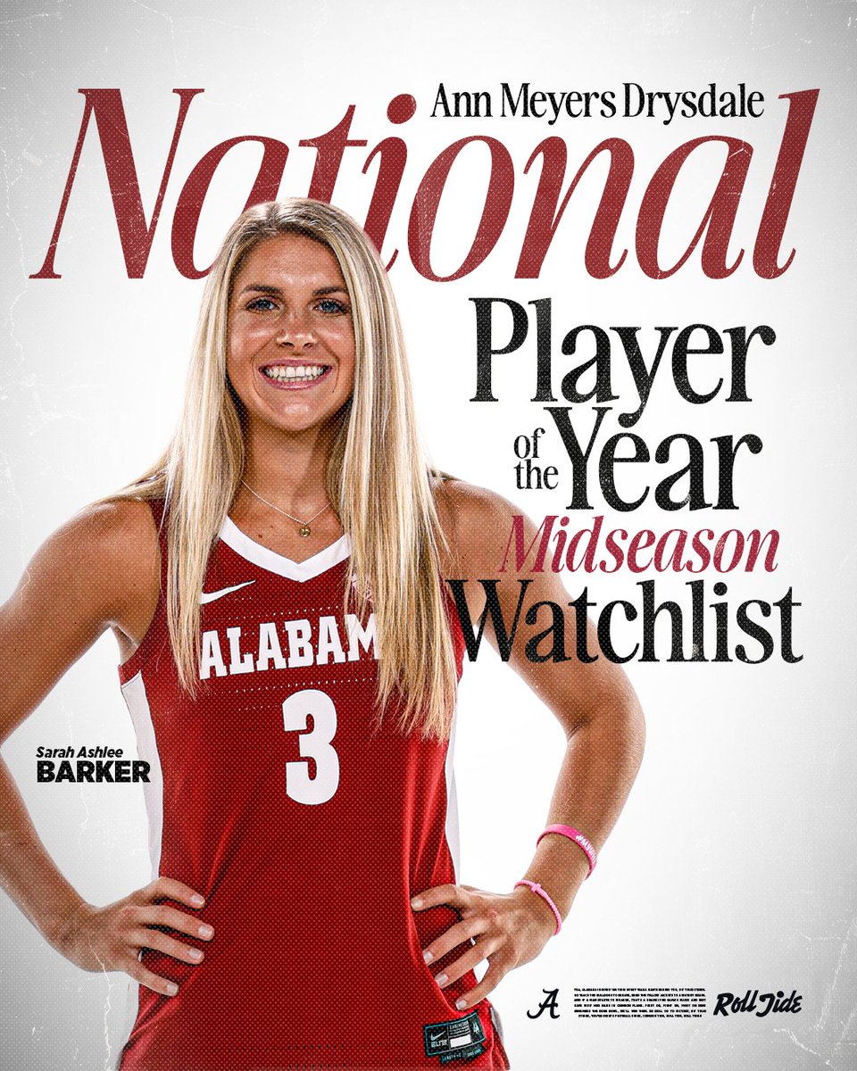 Alabama Women’s Basketball (@alabamawbb) on Twitter photo Midseason Attention for No. 3!
<a href="/SarahAshlee10/">Sarah Ashlee Barker</a> is named to the Ann Meyers Drysdale National Midseason POY Watch List!
🔗 bit.ly/42Fgvs7
#RollTide #GLG | <a href="/USBWA/">U.S. Basketball Writers Association</a> Midseason Attention for No. 3!
<a href="/SarahAshlee10/">Sarah Ashlee Barker</a> is named to the Ann Meyers Drysdale National Midseason POY Watch List!
🔗 bit.ly/42Fgvs7
#RollTide #GLG | <a href="/USBWA/">U.S. Basketball Writers Association</a>