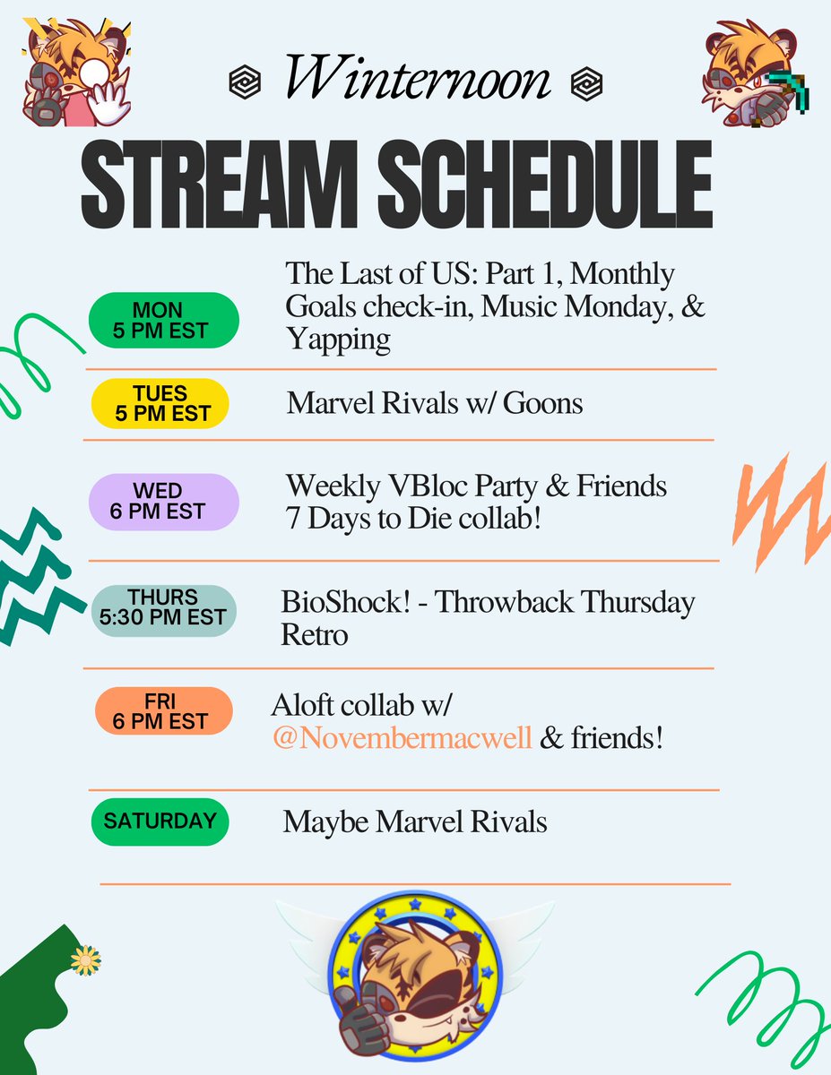 Stream schedule for the week! Twitch.tv/winternoon