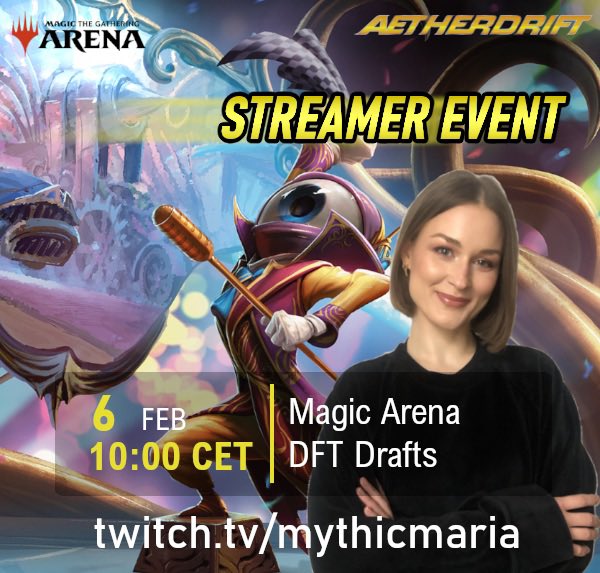🏁I’m super excited to be a part of #MTGAetherdrift Streamer Event! 🏁

I’ll be drafting the new set, join me on the 6th of Feb at 10h00 am CET on twitch.tv/mythicmaria 🏎️🏎️🏎️

Huge thanks to <a href="/wizards_magic/">Magic: The Gathering</a> for the invite!