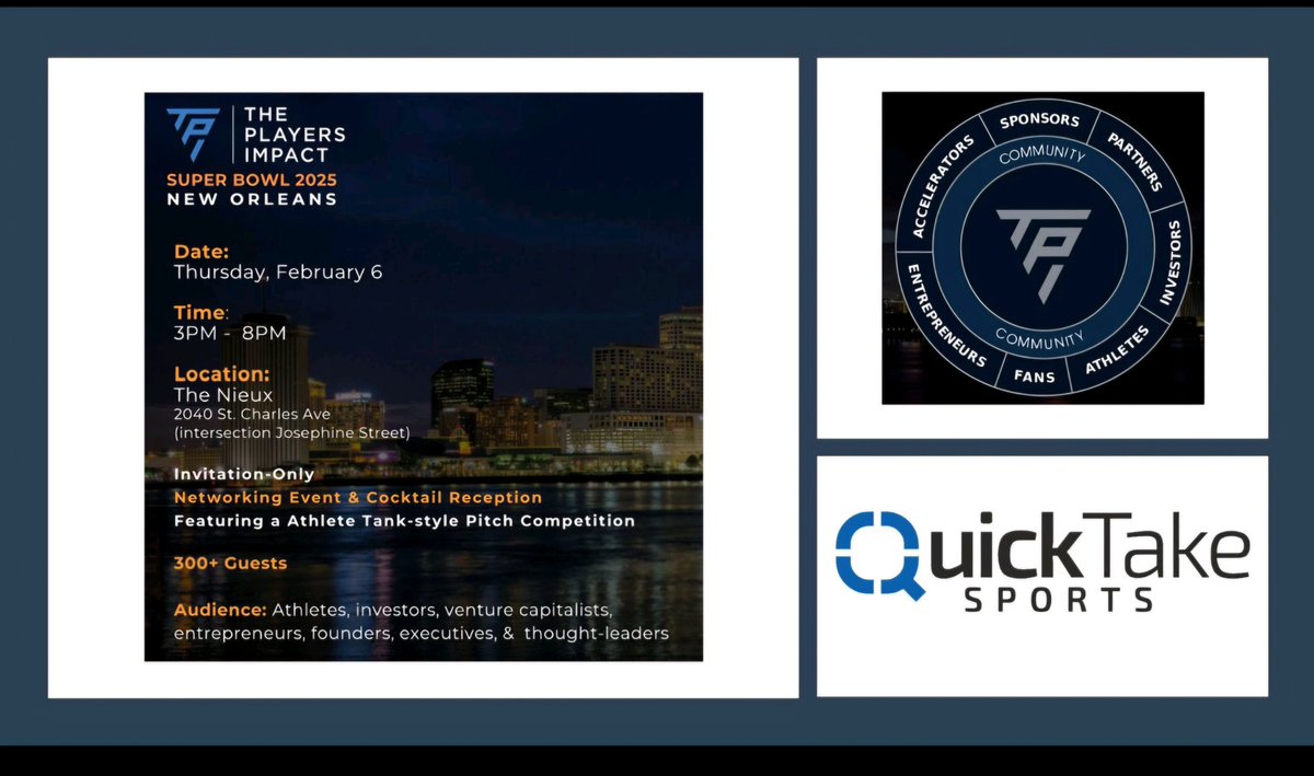 QuickTake will be participating in The Players Impact - Super Bowl 2025 event this week, where top SportsTech innovators are coming together in New Orleans to support athletes and entrepreneurship.

theplayersimpact.com

#SportsTech #SuperBowl2025 #ThePlayersImpact