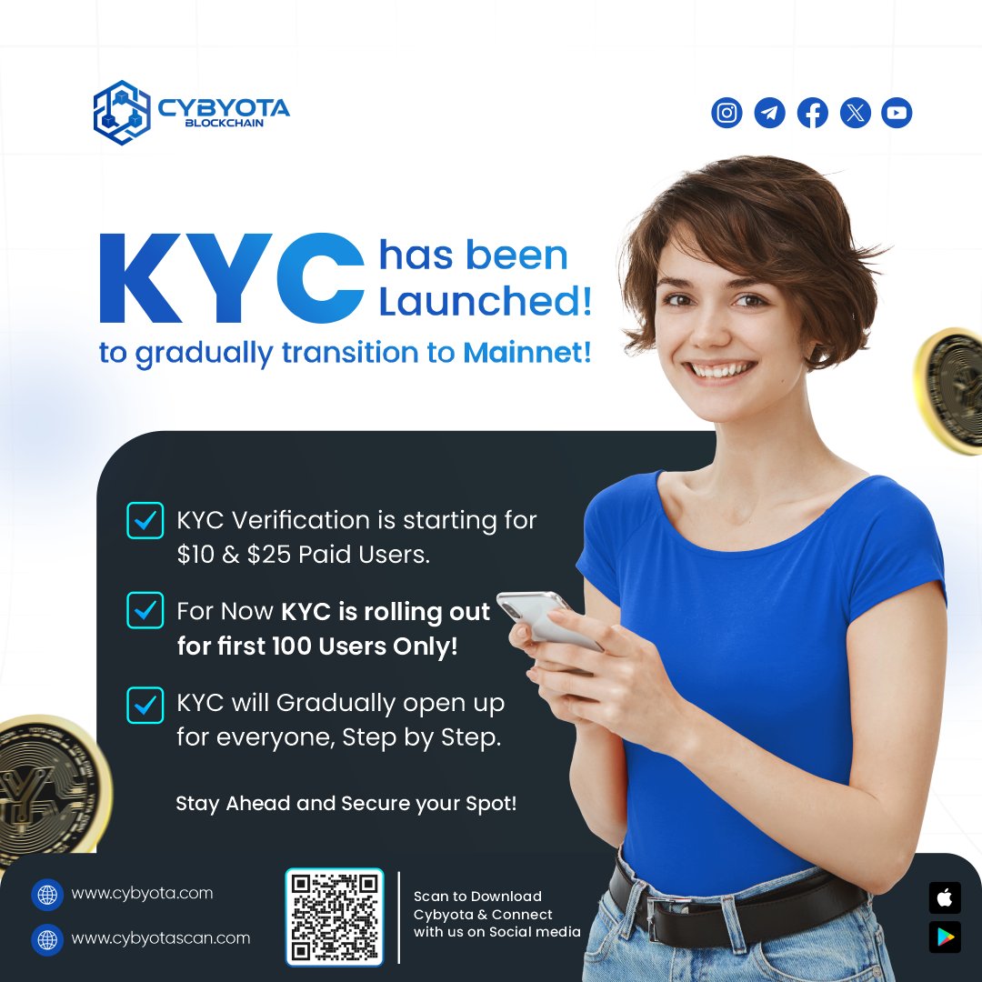 Cybyota_Chain's tweet photo. 🚀Cybyota KYC is LIVE! 

👉 KYC Verification has started for $10 &amp; $25 Paid Users.
👉 Limited to the first 100 Users ONLY! (Hurry before spots fill up!)
👉 KYC will gradually open for all users step by step.

#cybyota #yotacoin #cloudmining #blockchain #withdrawal #KYC #KYCupdate https://t.co/upbYB2GHdK