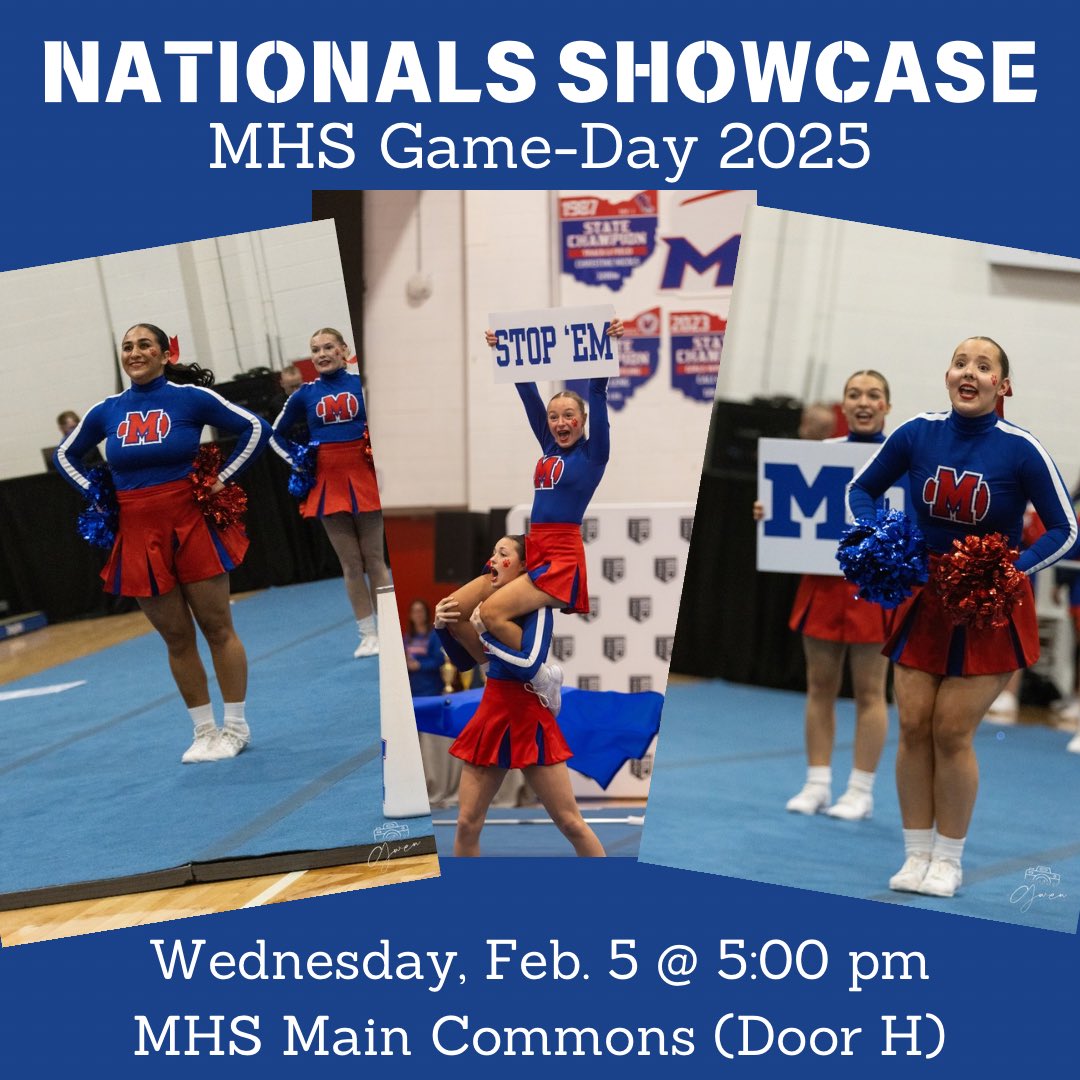 It’s Nationals Week! Come see our MHS Game-Day Team in action one last time before they take the mat at NHSCC. Doors open at 4:45 and we will being promptly at 5:00 pm 💙❤️🦁 #ptbm