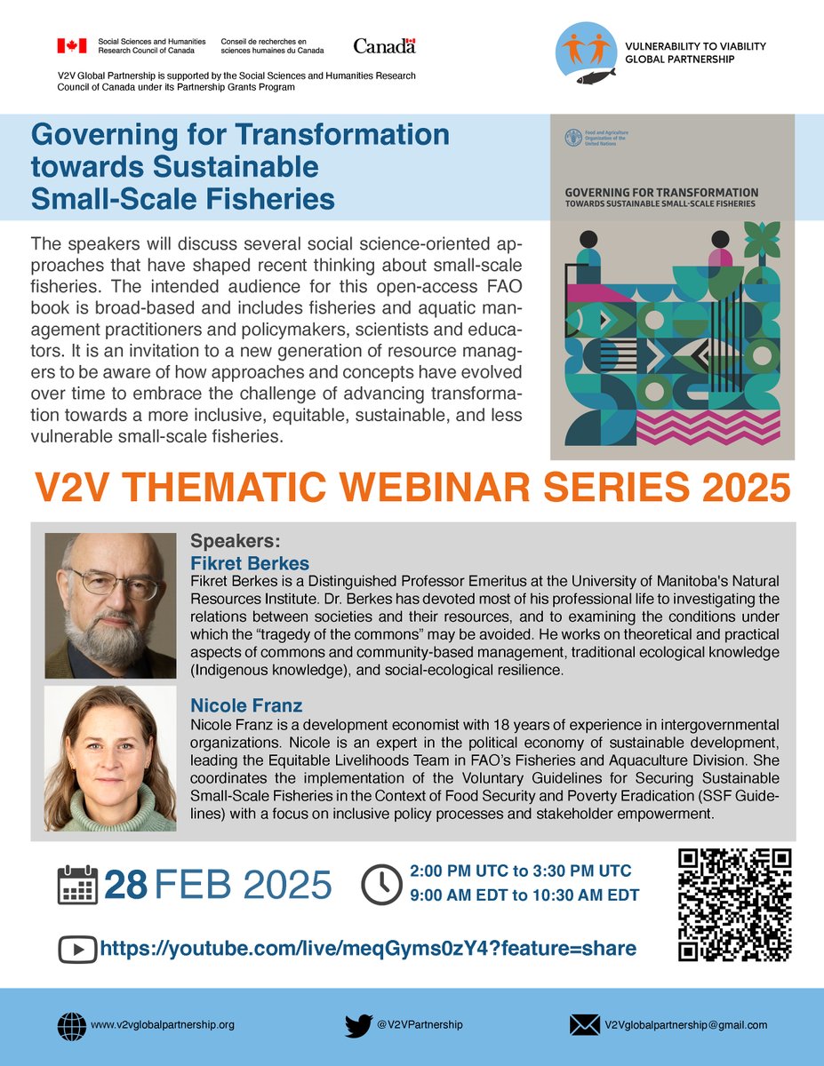 📍SAVE THE DATE! #ThematicWebinar #SSF
📢 Governing for Transformation towards Sustainable Small-Scale Fisheries

🎙️Speaker: Fikret Berkes and Nicole Franz
🗓️February 28, 2025 (Friday)
⏰2:00 PM to 3:30 PM UTC
▶️youtube.com/live/meqGyms0z…