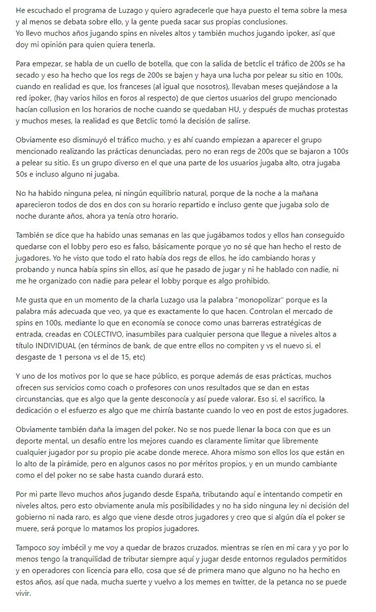 Escuchado el programa de <a href="/MarcaPoker/">Marca Póker</a> dejo mi opinión al respecto para quien quiera tenerla. Gracias a <a href="/DavidLuzago/">David Cámara✧Luzago™</a>, por al menos plantear el debate y que cada uno saque sus conclusiones y gracias a <a href="/CasinoBCNes/">CasinoBarcelona.es 📱</a> porque ni están, ni se les esperan.