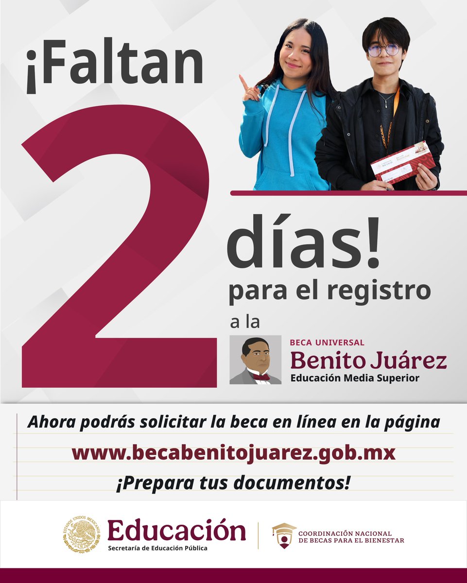 📢 El registro en línea a la Beca Universal #BenitoJuárez está por iniciar, ¡prepara tus documentos!

𝗘𝘀𝘁𝘂𝗱𝗶𝗮𝗻𝘁𝗲
• Acta de nacimiento
• CURP
• Comprobante de estudios

𝗠𝗮𝗱𝗿𝗲 𝗼 𝗽𝗮𝗱𝗿𝗲
• Identificación oficial vigente
• CURP
• Comprobante de domicilio