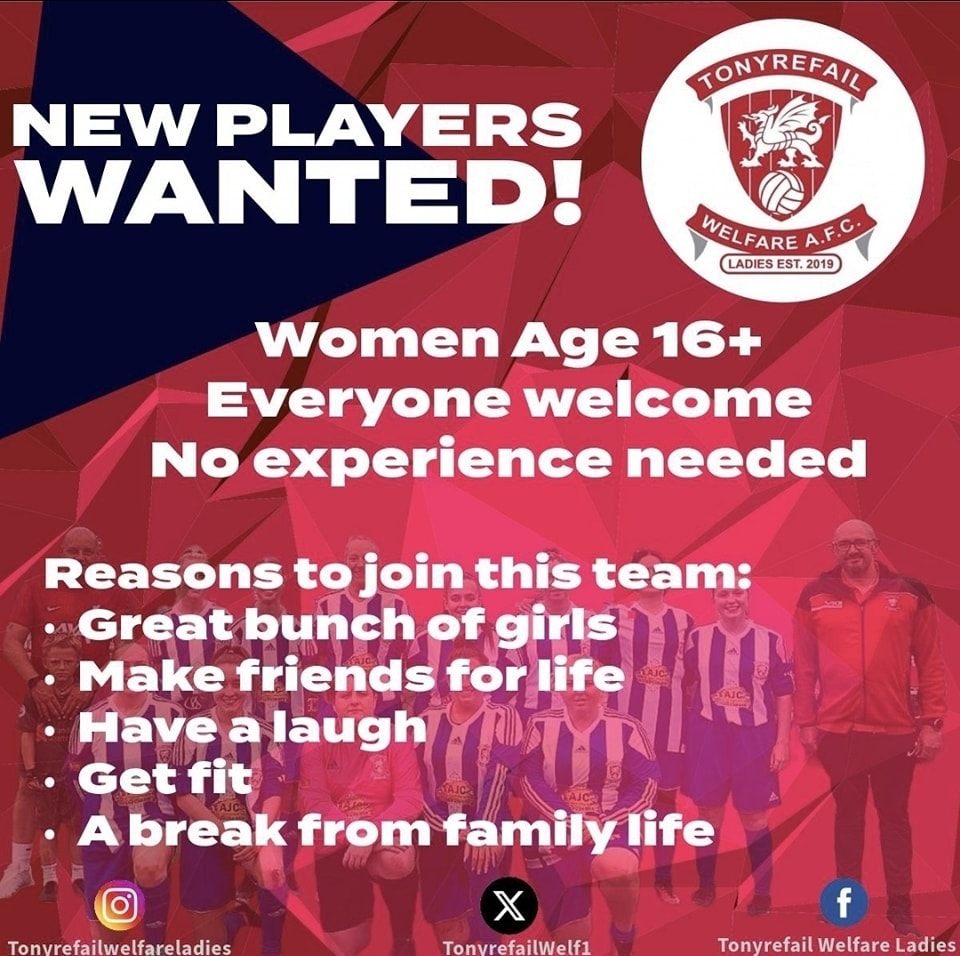 @TonyrefailWelfareLadies (@tonyrefailwelf1) on Twitter photo We are looking for players for the rest of this season.
If your looking for a new challenge or to get back into the game then please get in touch?
We train on Thursdays and play on Sundays in the SWWGL Combined Championship league.
<a href="/FootyWelsh98012/">Adran & SWWGL 👀</a> <a href="/AllWalesSport/">All Wales Sport</a> <a href="/SportRCT/">Chwaraeon RhCT | Sport RCT</a> We are looking for players for the rest of this season.
If your looking for a new challenge or to get back into the game then please get in touch?
We train on Thursdays and play on Sundays in the SWWGL Combined Championship league.
<a href="/FootyWelsh98012/">Adran & SWWGL 👀</a> <a href="/AllWalesSport/">All Wales Sport</a> <a href="/SportRCT/">Chwaraeon RhCT | Sport RCT</a>