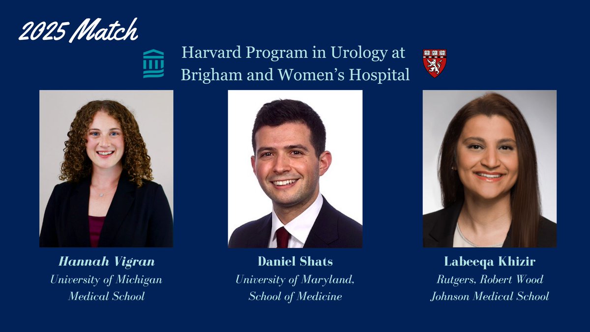 BWHUrology's tweet image. Brigham Urology is thrilled to welcome three wonderful new members to the resident family! Hannah Vigran (@UMichMedSchool), Daniel Shats (@UMmedschool) and Labeeqa Khizir (@rwjurology) #matchday2025