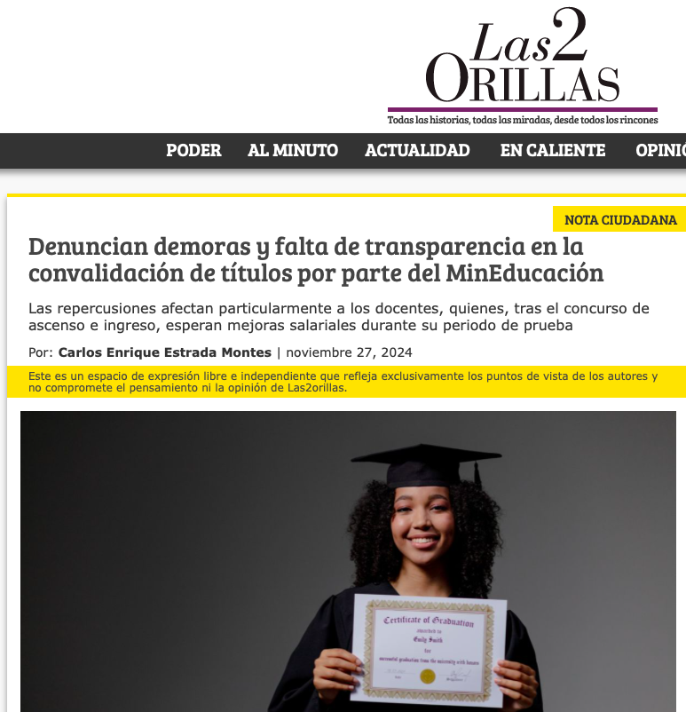 ¿Hasta cuándo permitiremos que vulneren nuestros derechos? Profesionales colombianos enfrentan demoras y falta de transparencia en la convalidación de sus títulos. <a href="/SeptimoDiaTV/">Séptimo Día</a> <a href="/NoticiasUno/">Noticias Uno</a> <a href="/CaracolRadio/">Caracol Radio</a> <a href="/NoticiasCaracol/">Noticias Caracol</a> <a href="/MinIgualdad_Col/">Ministerio de Igualdad y Equidad de Colombia</a> <a href="/infopresidencia/">Presidencia Colombia 🇨🇴</a> <a href="/SenadoGovCo/">Senado de la República 🇨🇴</a>