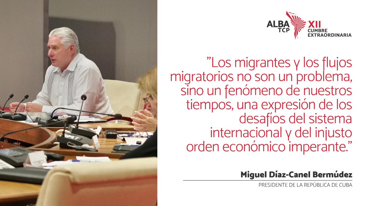 .<a href="/DiazCanelB/">Miguel Díaz-Canel Bermúdez</a>, XII Cumbre Extraordinaria <a href="/ALBATCP/">ALBA</a>:

"Resulta inaceptable deportación violenta e indiscriminada de migrantes en EEUU, las detenciones arbitrarias y otras violaciones #DDHH, medidas q se emplean como armas de presión política y chantaje 🆚️ pueblos Nuestra América."