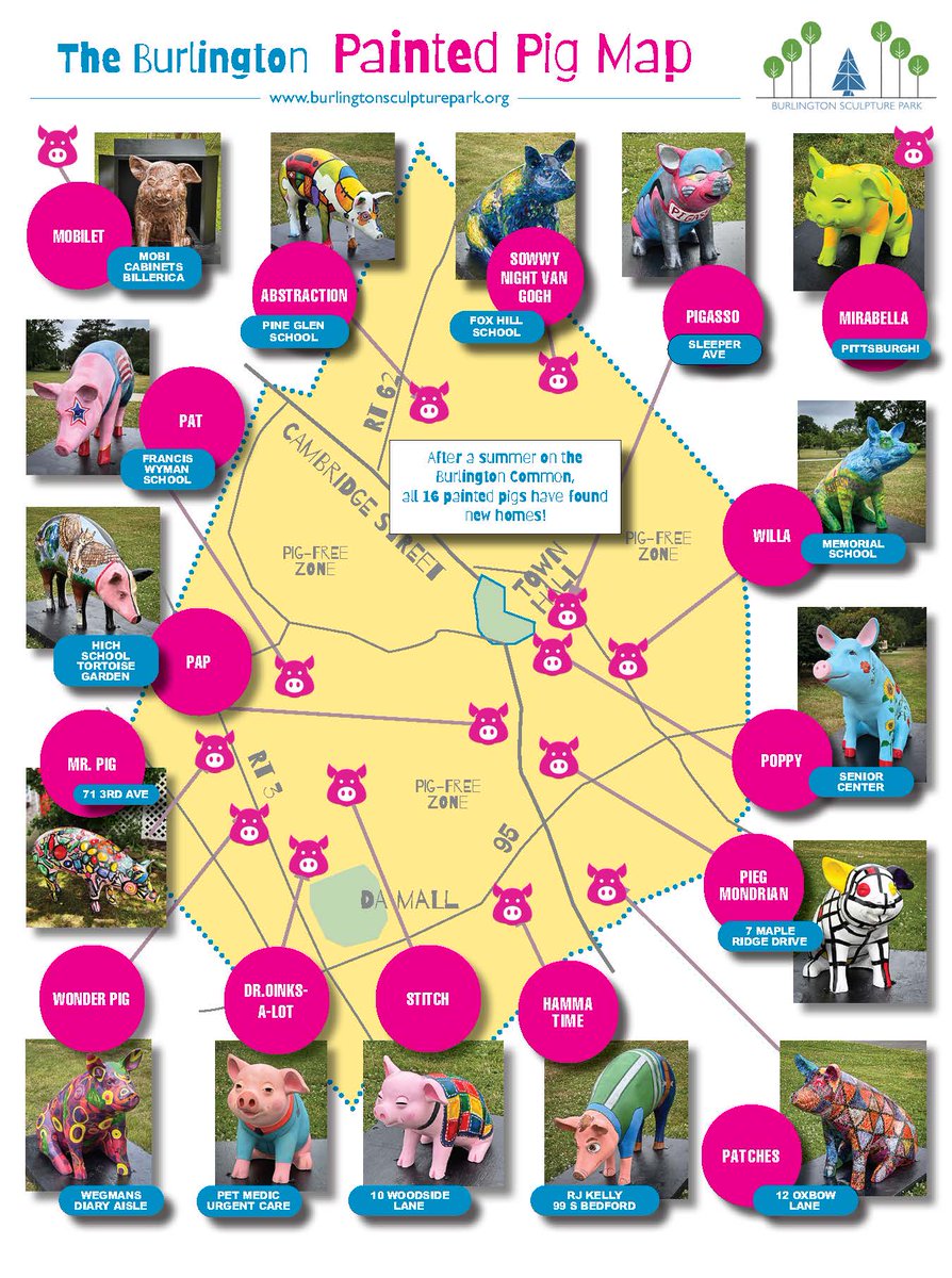 Use this map to locate the 16 painted pigs, formerly on the town common, found all across Burlington! #burlingtonma
