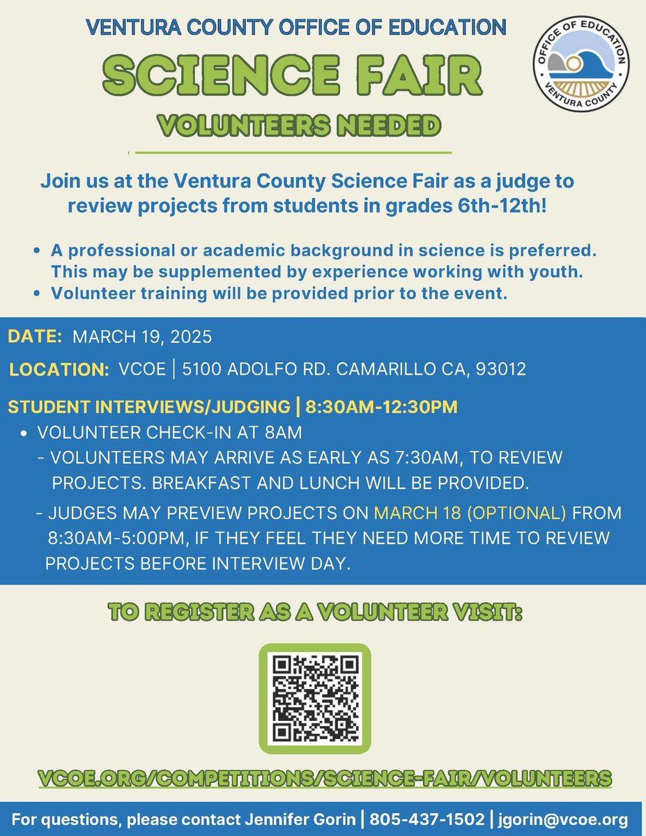 Make a difference for kids by volunteering to be a judge at the 2025 Ventura County Science Fair on March 19 in Camarillo! For more information and to register, go to: bit.ly/4huwsWu