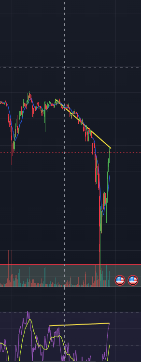 hidden bearish divergence - lower high on price action, higher high on RSI (1 hour candle)