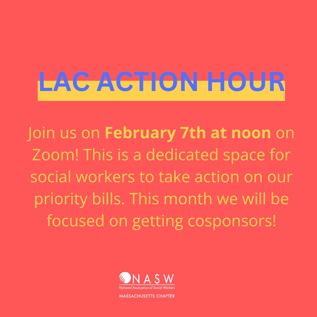 NASW - MA Chapter (@naswma) on Twitter photo ‼️Attention social workers! Join us on February 7th at noon on Zoom 🗓️! This is a dedicated space for MA social workers to take action on our priority bills. This month we will be focused on getting cosponsors! Email Brianna at bsilva.naswma@socialworkers.org ‼️Attention social workers! Join us on February 7th at noon on Zoom 🗓️! This is a dedicated space for MA social workers to take action on our priority bills. This month we will be focused on getting cosponsors! Email Brianna at bsilva.naswma@socialworkers.org