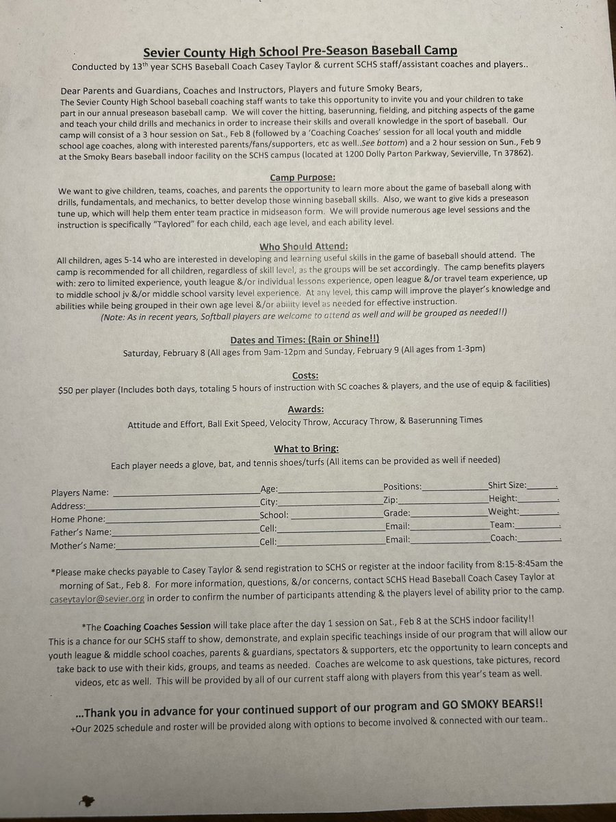 Letting people know that our Annual Pre Season Camp will take place this upcoming weekend..

2 days of sessions: 
Sat Feb 8 from 9am-12pm..
&amp; Sun Feb 9 from 1-3pm..

Will be a good chance for us to see our future Smoky Bears in action..

Pass on to others as needed..