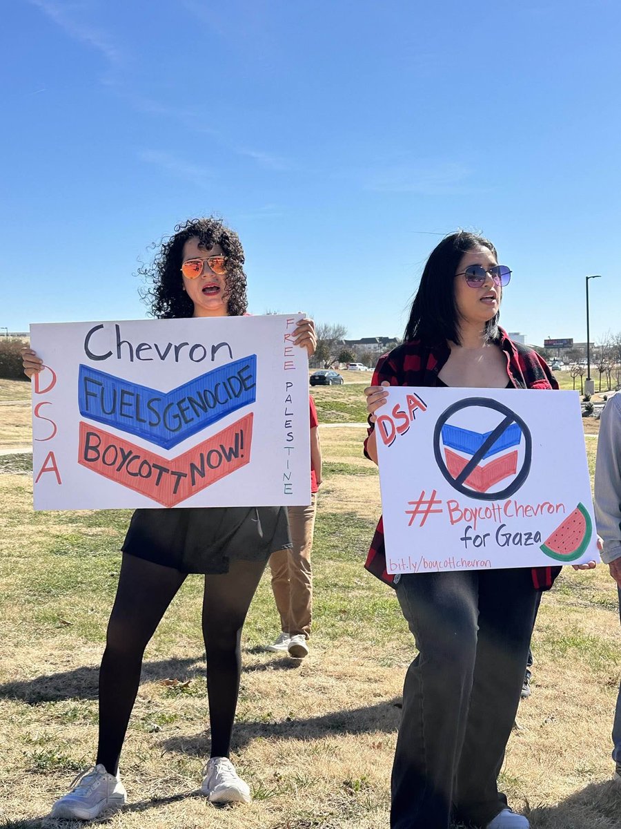 DSA_NorthTexas's tweet photo. YESTERDAY: Plano heard us LOUD & CLEAR. So long as Chevron remains complicit in so-called Israel’s apartheid state & genocidal project of Zionism, no one should fuel up at @Chevron ! We’re just getting started in this fight.
#StopFuelingGenocide!
#bds https://t.co/BsN5SdtQE1