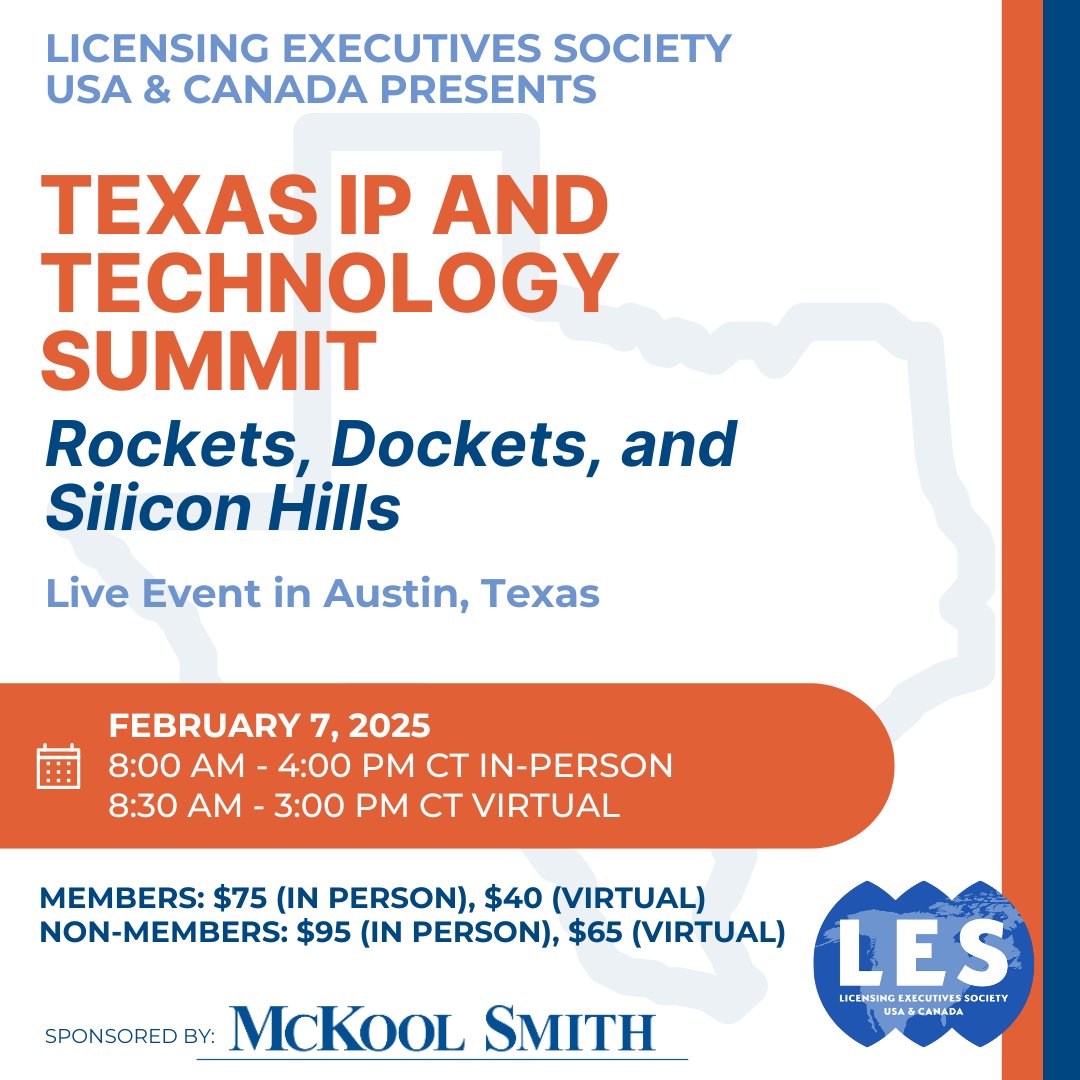 Join us Feb 7th in Austin, TX to discuss some of the most pressing issues affecting IP monetization. Workshops on cross border enforcement, emerging patent disputes, global IP hotspots and more. 

In-Person 8:00-4:00 pm CT
Virtual 8:30-3:00pm CT
 bit.ly/4aNUIRm
#IP