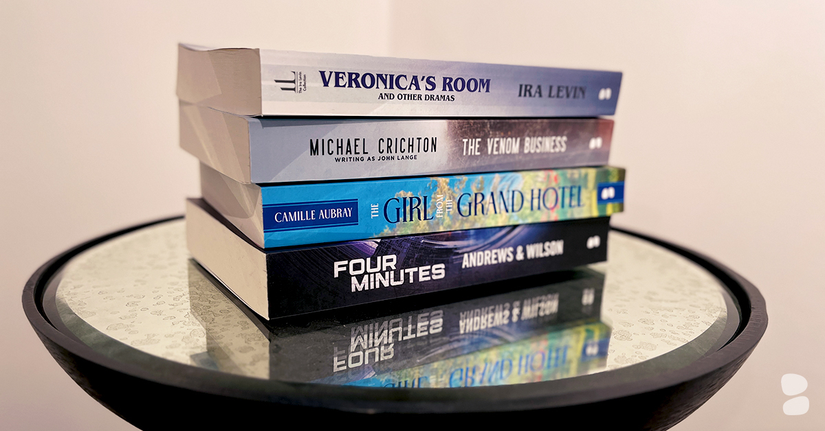 BlackstoneAudio's tweet photo. Today, we only have eyes ‘four’ our #BlackstoneBookstack of must-reads arriving in trade paperback tomorrow, 2/4!👀📚
#VERONICASROOM by #IraLevin
#FOURMINUTES by @bandrewsjwilson
#THEGIRLFROMTHEGRANDHOTEL by #CamilleAubray
#THEVENOMBUSINESS by @CrichtonBooks (as #JohnLange) https://t.co/LsypNWVCqd