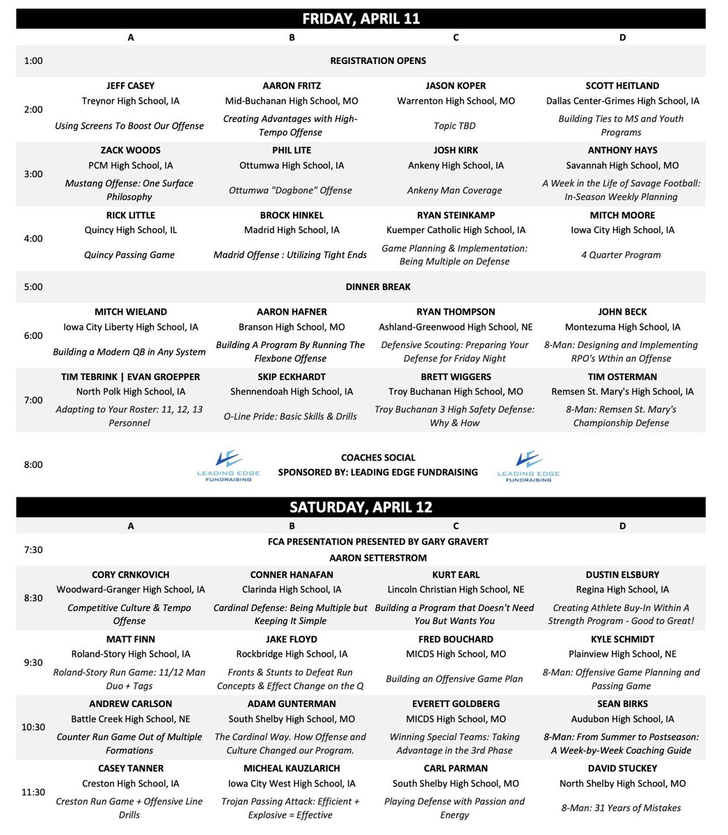 EARLY REGISTRATION DISCOUNT ENDS 3.15.2025!

The Southeast Iowa Coaches Clinic is the perfect getaway for you and your staff!  

In addition to the incredible location, we are fired up about the speaker list and topics this year!  There is something for every member of your staff