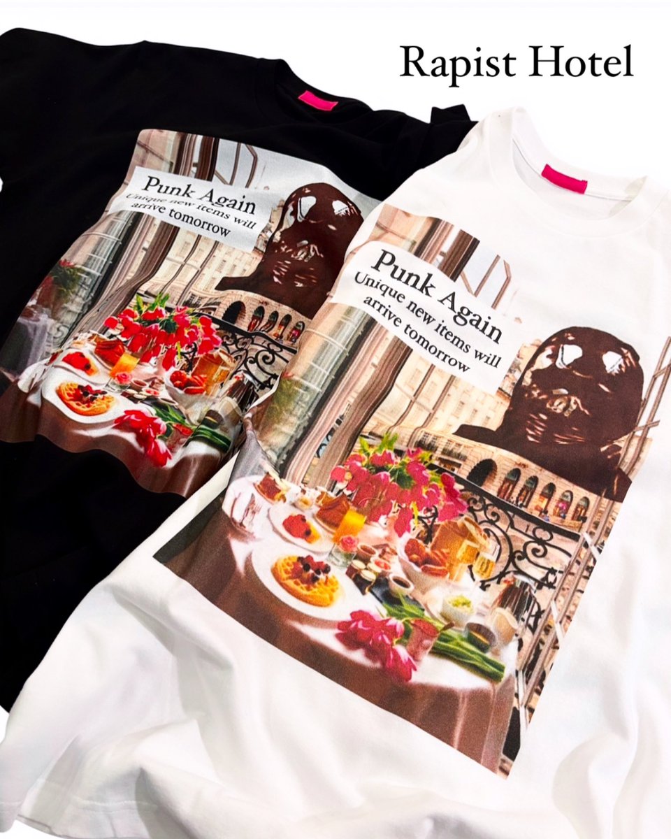 roundtheworld_b's tweet photo. Rapist Hotel T-shirts  

London の Hotel の平和な朝食テーブルにRapist のイラストを組み込んだユニークな作品
ジャケットの下から覗くとインパクト際立つプリント
ジョークの効いたT-shirtsです。
本日発売です

https://t.co/jd1jH2F28o
#punk
#punkfashion 
#tshirts
#hotel
#breakfas
#fukuoka https://t.co/oTrBZiOoJS
