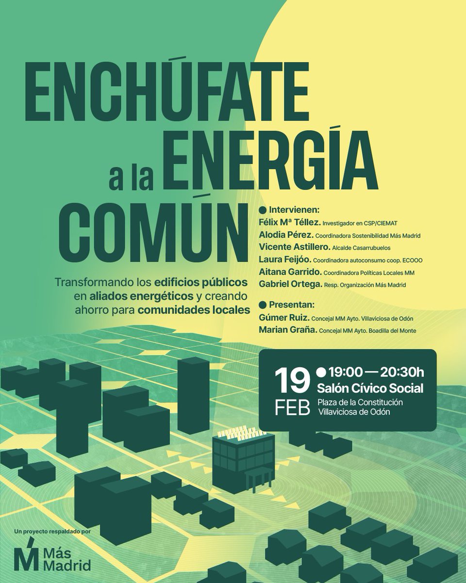 ¿Sabías que los tejados de los edificios públicos podrían ahorrarte dinero en la factura eléctrica? Descubre cómo en nuestro próximo evento: Enchúfate a La Energía Común.

📆 19 de Febrero
⏰ 19 - 20:30h
📍Centro Cívico Social, Villaviciosa de Odón

#EnchufateAlFuturo