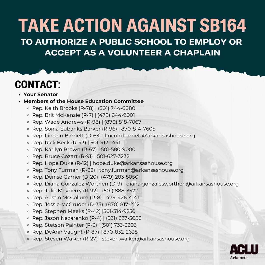 🚨 OPPOSE SB164 🚨 This bill lets public schools employ chaplains instead of qualified mental health professionals — undermining students’ rights &amp; safety. Schools should support all students and uphold their right to religious freedom.

📢 Tell #arleg: VOTE NO on SB164!