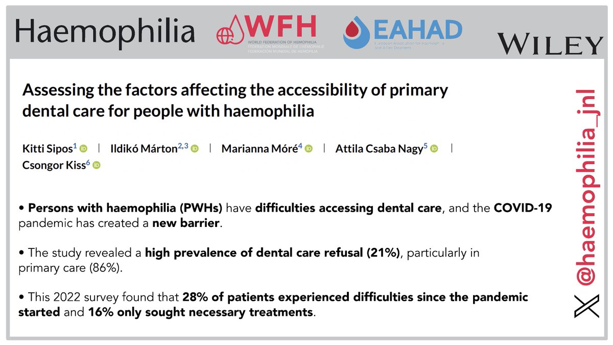Access to #dental care 🦷 remains a significant challenge for persons with #haemophilia, as highlighted by Sipos et al. in their recent study. Dental care refusal by providers is a frequent barrier. Read the full #OpenAccess 🟢 article here 👉 buff.ly/4gz5vRt