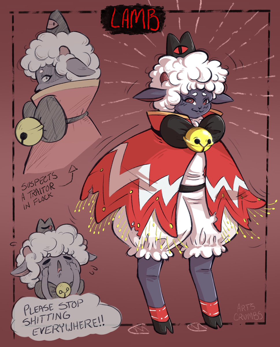 artscrumbs's tweet photo. I love!! This game!! I wanna squeeze Lambert until he POPS!! I guess this v1 cause I have like two other design ideas I wanna do for him, as well as the goat and Narinder. 
#CultoftheLamb #cultofthelambfanart #Lambert #cotl https://t.co/leMzVQvOxq