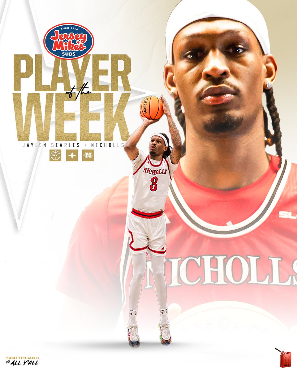 IMPACT PLAYER 😤

He averaged 14.0 points and 7.5 rebounds while helping the Colonels to a pair of big wins last week!!

Congratulations to Nicholls' Jaylen Searles, your <a href="/jerseymikes/">Jersey Mike's Subs</a> SLC Men's Basketball Player of the Week!!

#GTL x <a href="/Nicholls_MBB/">Nicholls Men’s Basketball</a>