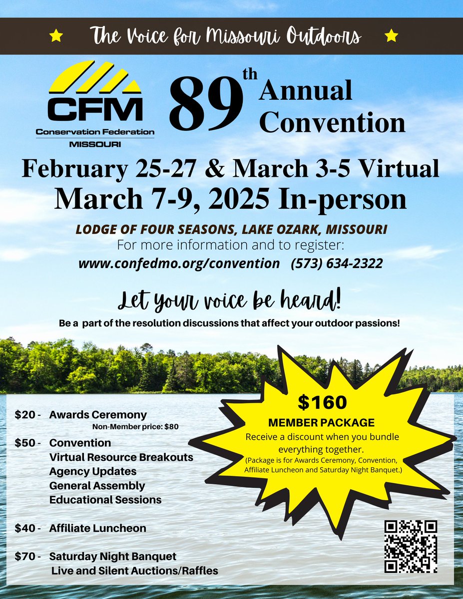 Registration for the 89th Annual Convention is open! Join us for virtual sessions Feb. 25-27 &amp; March 3-5, and in-person March 7-9 at the Lodge of Four Seasons! Visit confedmo.org/convention for the agenda, registration, and discounted lodging info!