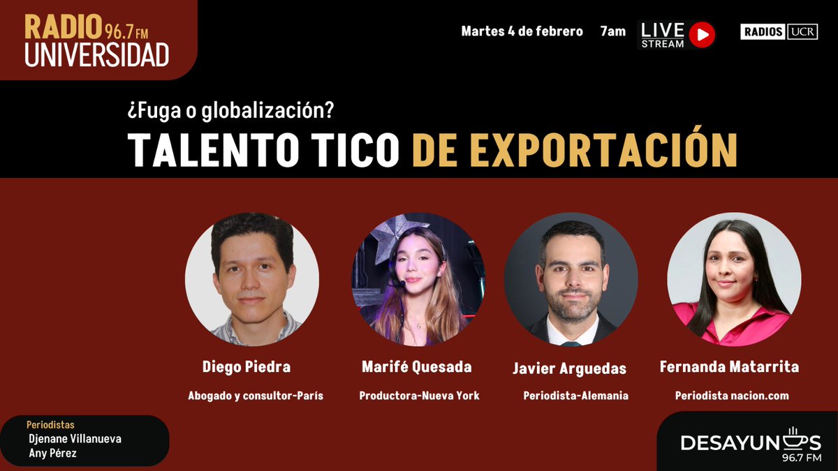 7am #Live <a href="/anyperezcr/">Any Pérez</a>  y <a href="/dvillanuevacnn/">Djenane Villanueva M</a>  analizan  talento tico de exportación con su colega <a href="/Fer_Matarrita/">Fernanda Matarrita</a>  y comparten testimonios con las historias de <a href="/diegopiedrat/">Diego Piedra-Trejos</a>   Marifé Quesada <a href="/javierarguedas/">Javier Arguedas</a>  <a href="/TmarcoH/">Marco Hernandez</a>  <a href="/canalesgraphics/">Manuel Canales</a>